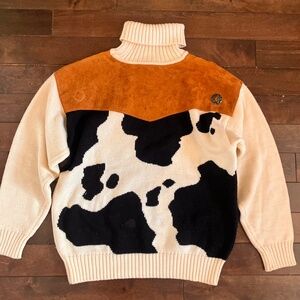 Vintage cow sweater 90s turtleneck leather country
